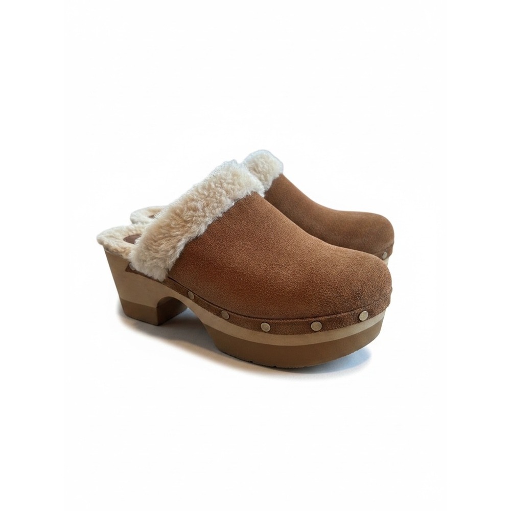 Andre Assous Clogs 40 Tan Suede Faux Fur Studded Platform Wood Heel Bohemian